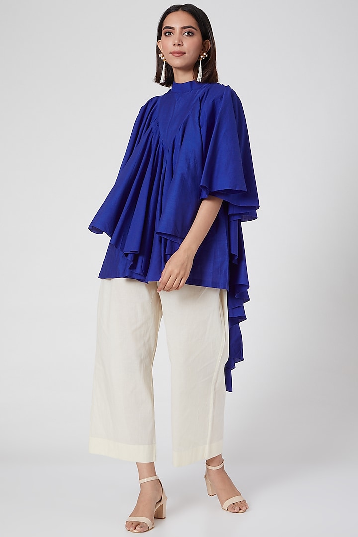 Blue Draped & Ruffled Top by Gulabo By Abu Sandeep at Pernia's Pop Up Shop