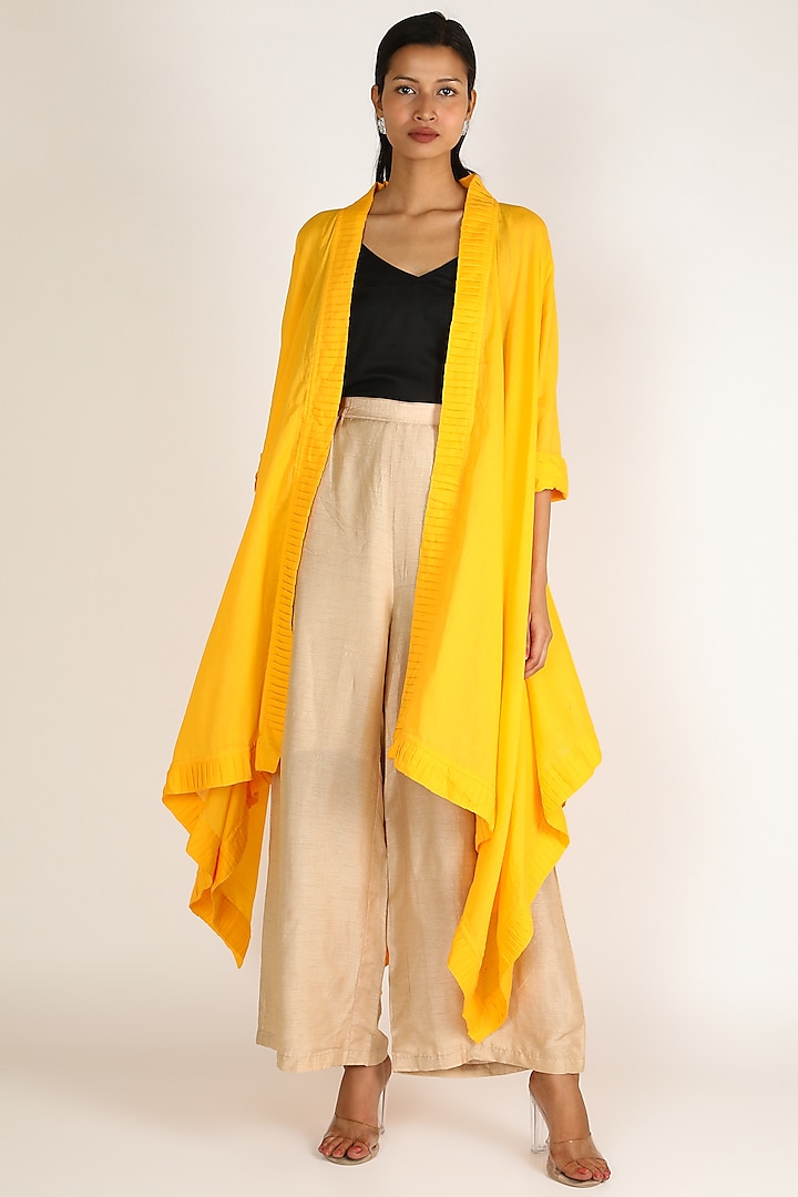 Yellow Pleated Coat by Gulabo By Abu Sandeep