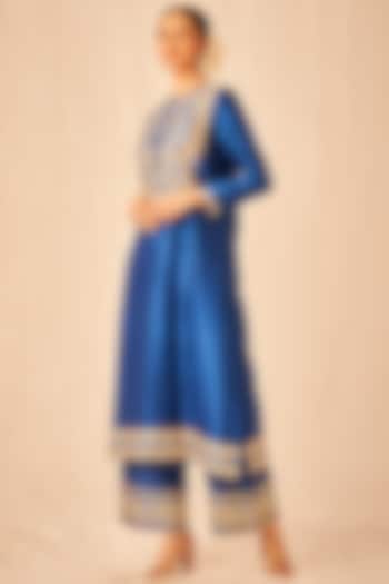 Blue Pure Chanderi Silk Embroidered Kurta by Gulabo By Abu Sandeep