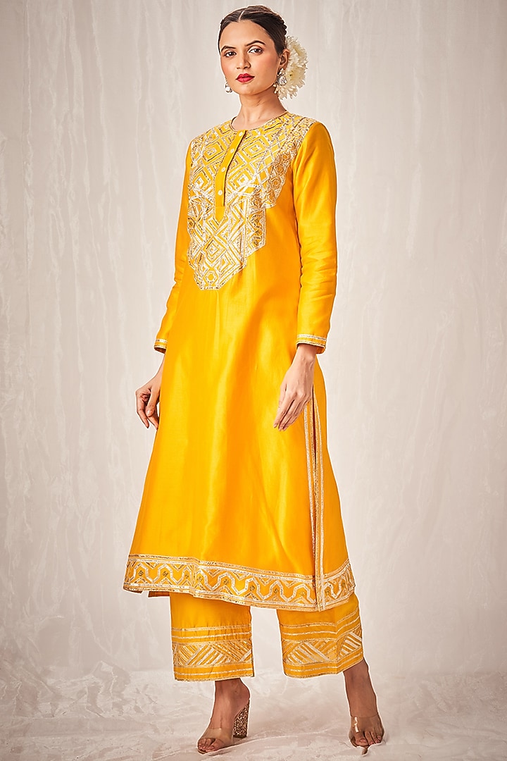 Yellow Pure Chanderi Silk Embroidered Kurta by Gulabo By Abu Sandeep at Pernia's Pop Up Shop