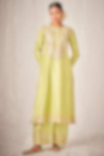 Pista Green Pure Chanderi Silk Embroidered Kurta by Gulabo By Abu Sandeep at Pernia's Pop Up Shop