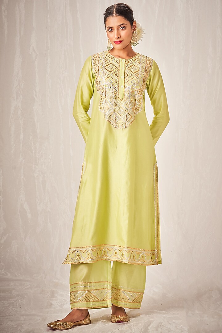 Pista Green Pure Chanderi Silk Embroidered Kurta by Gulabo By Abu Sandeep at Pernia's Pop Up Shop