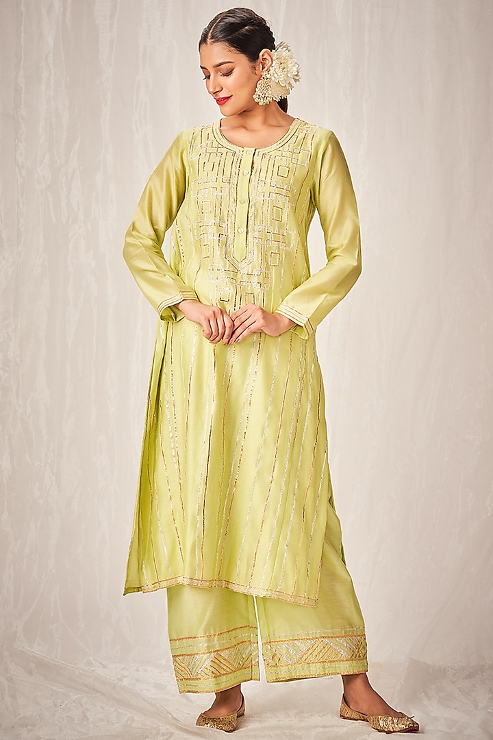 Pista Green Chanderi Silk Embroidered A-Line Kurta by Gulabo By Abu Sandeep at Pernia's Pop Up Shop