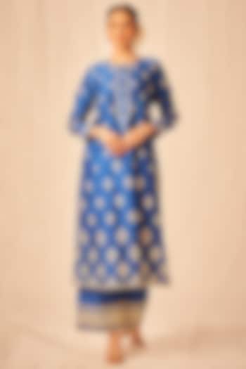 Blue Chanderi Silk Embroidered A-Line Kurta by Gulabo By Abu Sandeep at Pernia's Pop Up Shop