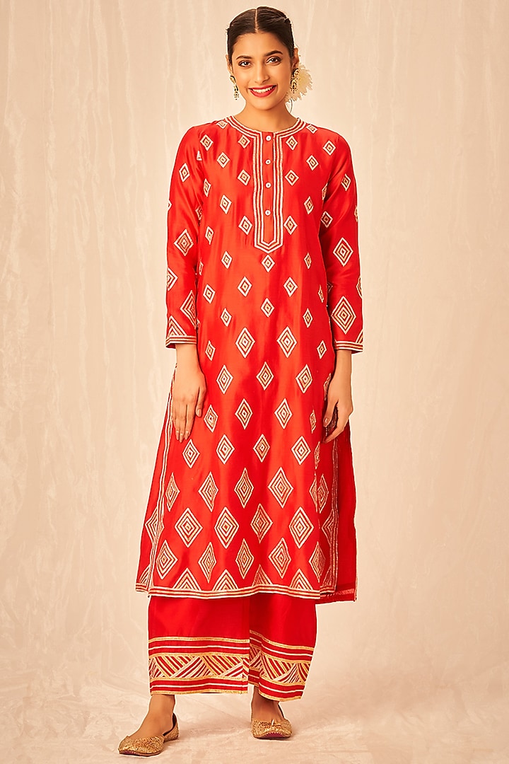 Red Chanderi Silk Embroidered A-Line Kurta by Gulabo By Abu Sandeep at Pernia's Pop Up Shop