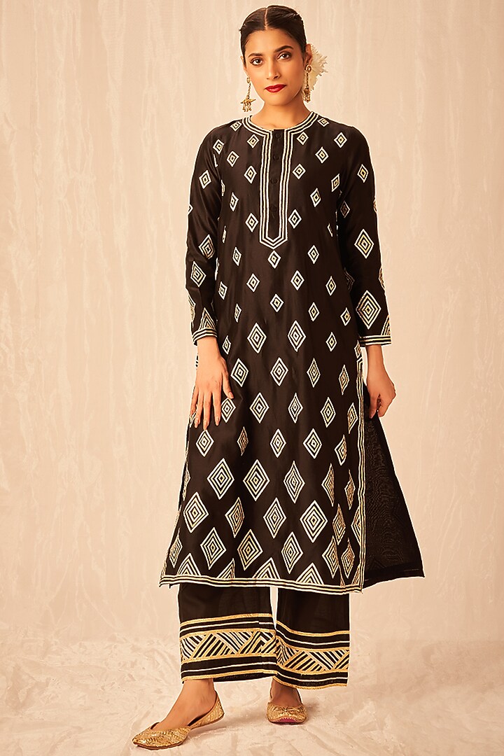 Black Chanderi Silk Embroidered A-Line Kurta by Gulabo By Abu Sandeep at Pernia's Pop Up Shop