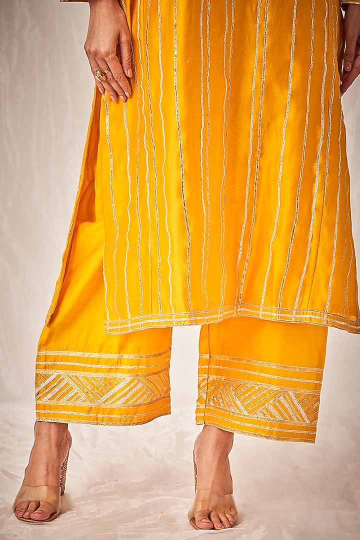 Mustard Pure Chanderi Silk Straight Pants by Gulabo By Abu Sandeep at Pernia's Pop Up Shop