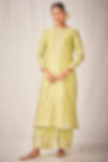 Pista Green Pure Chanderi Silk Embroidered Straight Pants by Gulabo By Abu Sandeep at Pernia's Pop Up Shop