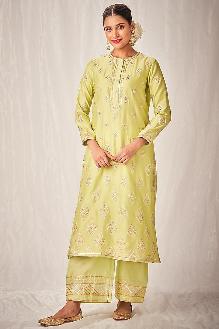 Pista Green Pure Chanderi Silk Embroidered Straight Pants by Gulabo By Abu Sandeep at Pernia's Pop Up Shop