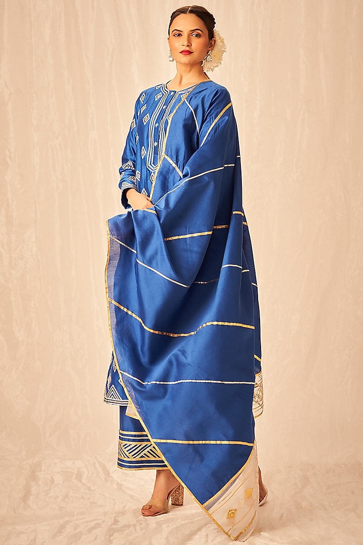 Royal Blue Pure Chanderi Silk Gota Embroidered Dupatta by Gulabo By Abu Sandeep