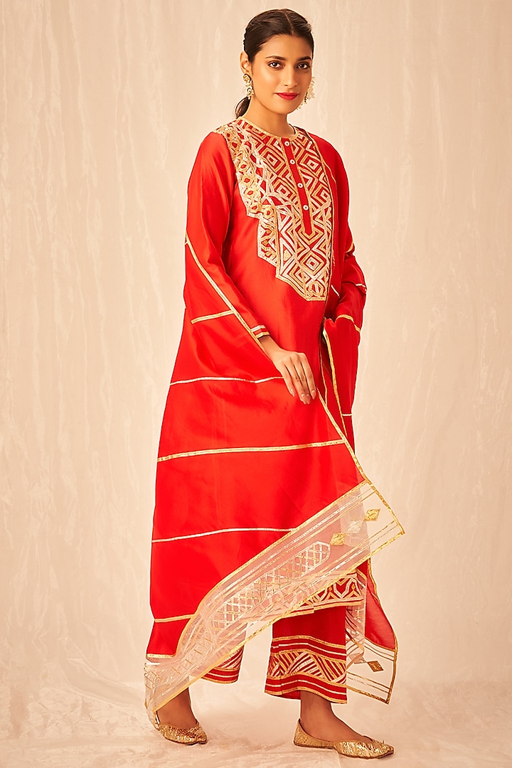 Red Pure Chanderi Silk Gota Embroidered Dupatta by Gulabo By Abu Sandeep