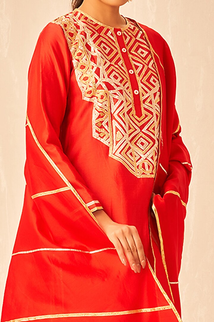 Red Pure Chanderi Silk Gota Embroidered Dupatta by Gulabo By Abu Sandeep at Pernia's Pop Up Shop