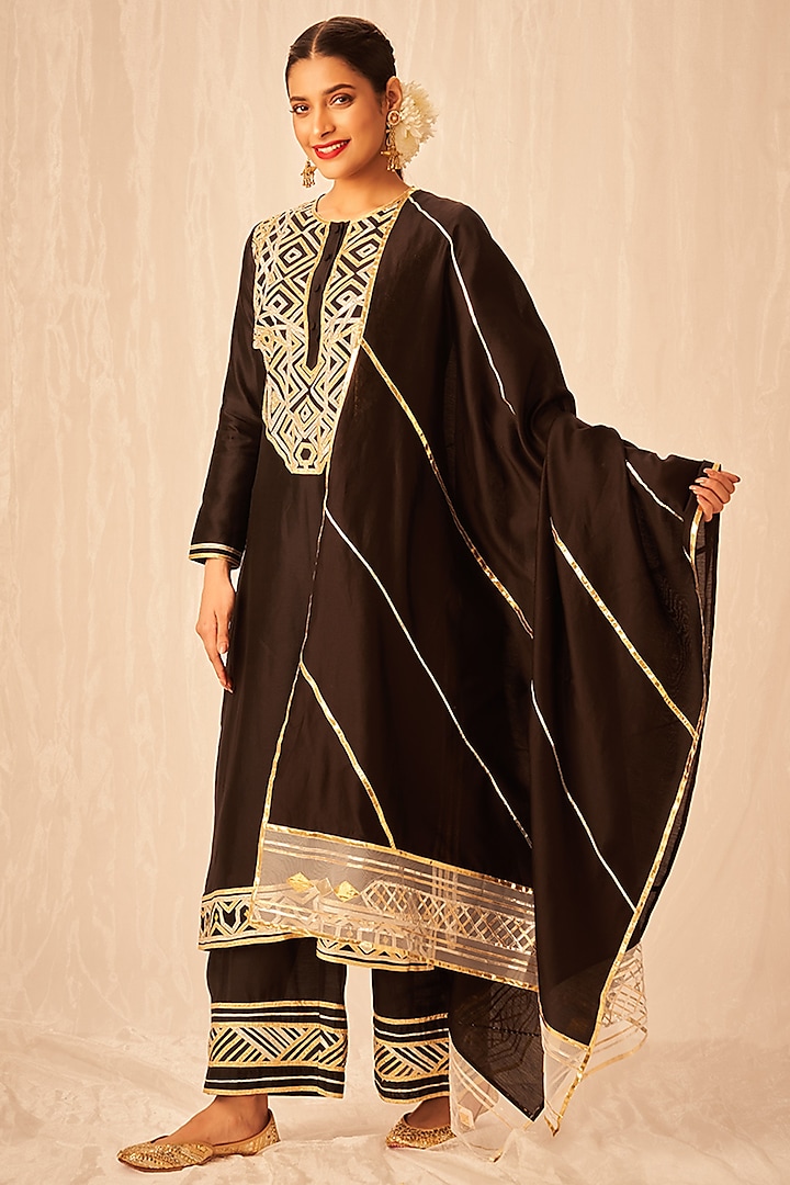 Black Pure Chanderi Silk Gota Embroidered Dupatta by Gulabo By Abu Sandeep