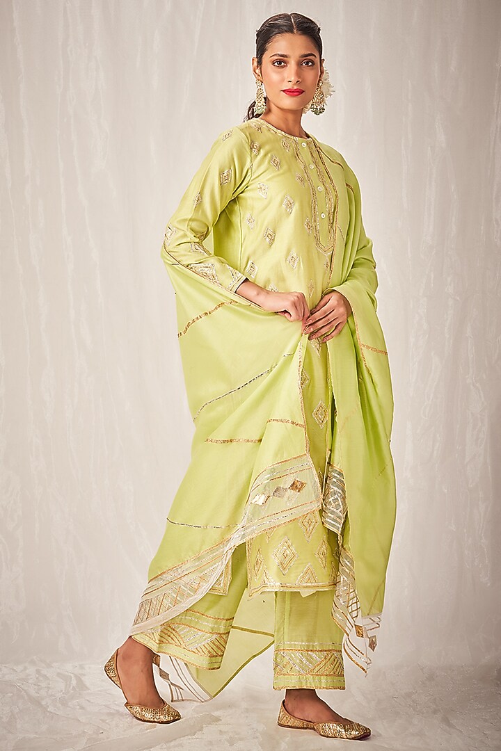 Pista Green Pure Chanderi Silk Gota Embroidered Dupatta by Gulabo By Abu Sandeep at Pernia's Pop Up Shop