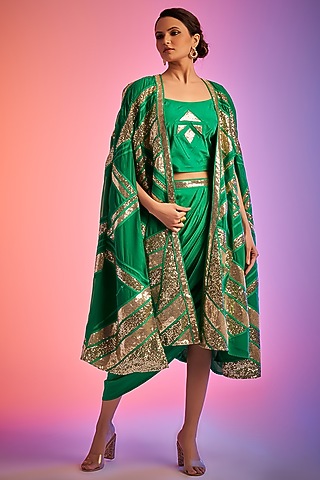 Green Georgette Embroidered Crop Top by Gulabo By Abu Sandeep
