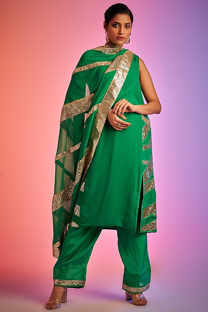 Green Georgette Embroidered Stole by Gulabo By Abu Sandeep
