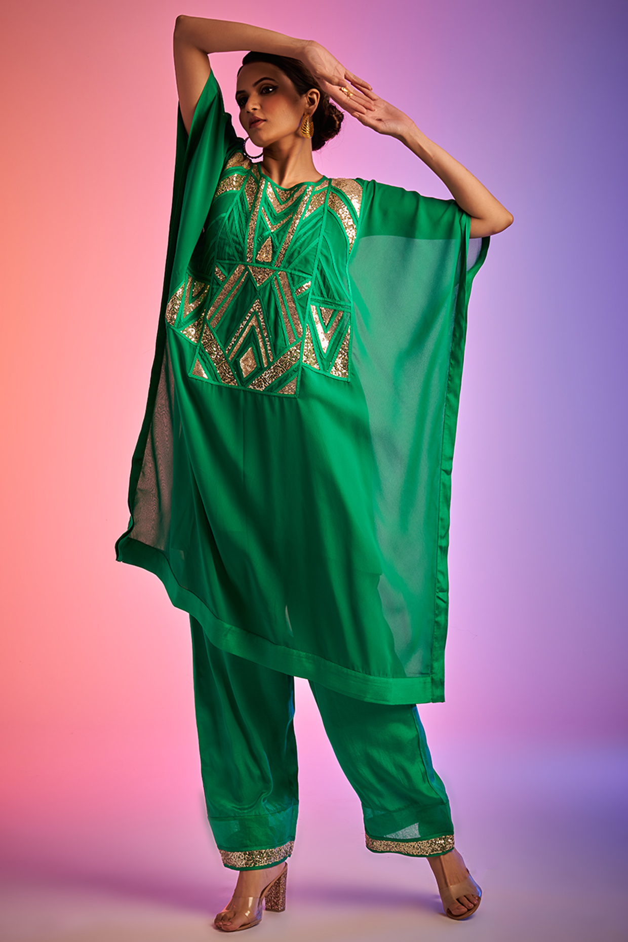 Green Georgette Embroidered Kaftan by Gulabo By Abu Sandeep at Pernia's Pop Up Shop