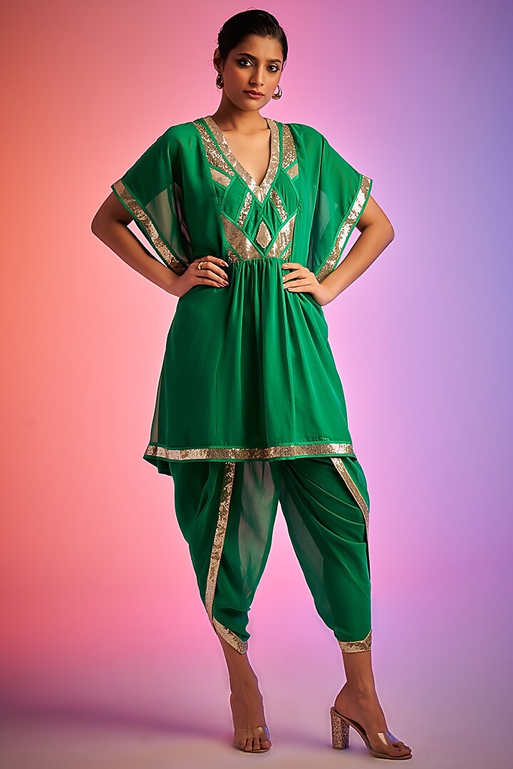 Green Georgette Embroidered Tulip Pants by Gulabo By Abu Sandeep
