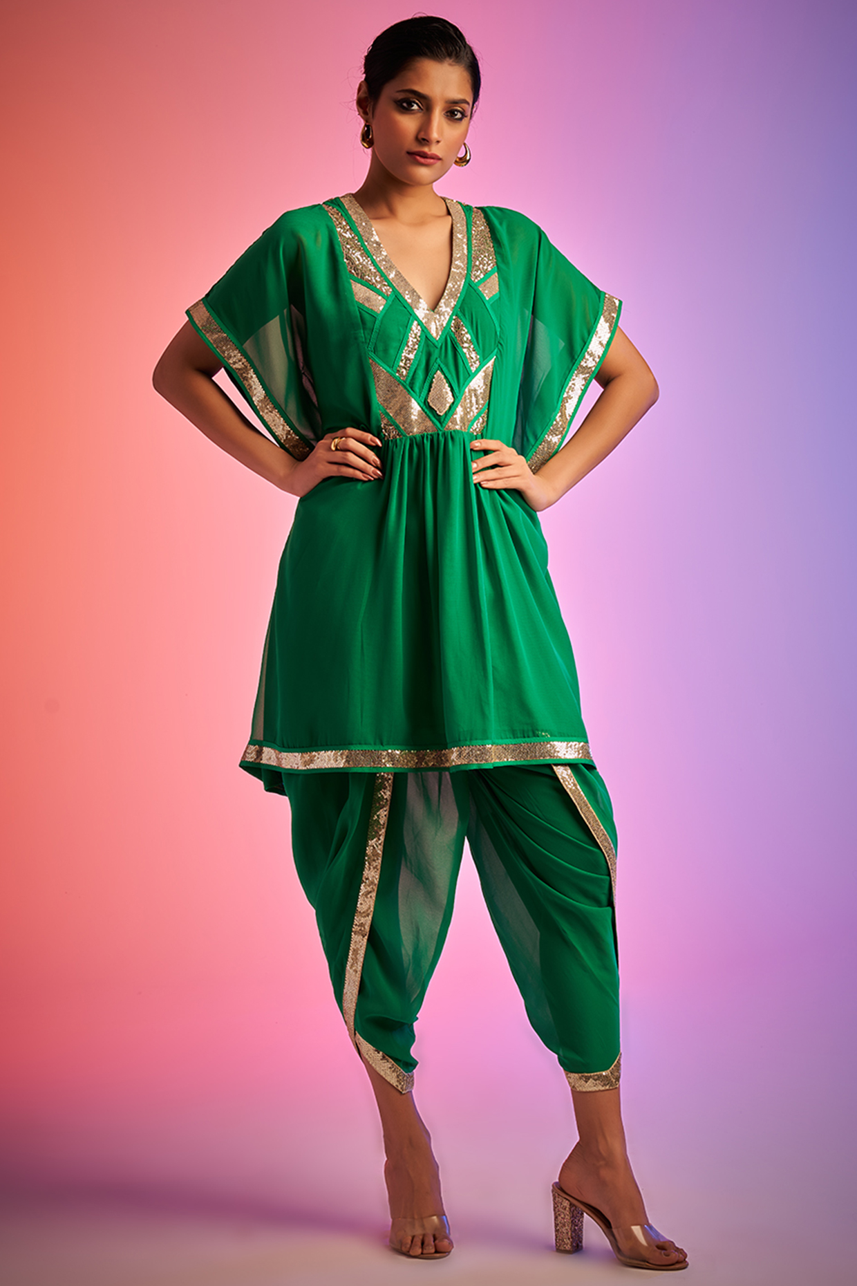 Green Georgette Embroidered Short Kaftan by Gulabo By Abu Sandeep at Pernia's Pop Up Shop