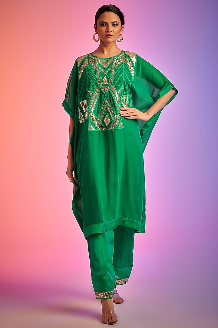 Green Georgette Embroidered Straight Pants by Gulabo By Abu Sandeep