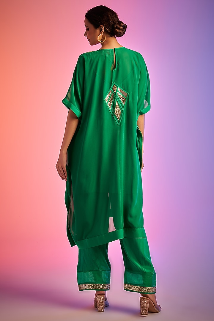Green Georgette Embroidered Straight Pants by Gulabo By Abu Sandeep at Pernia's Pop Up Shop