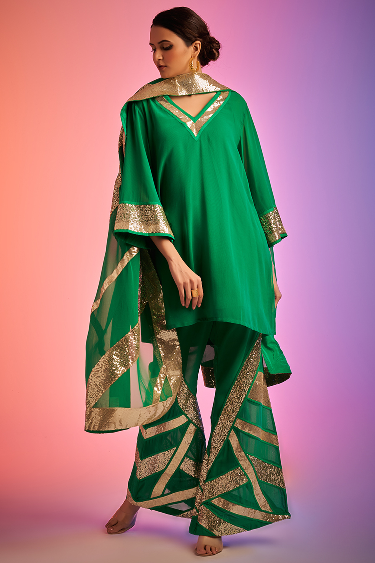 Green Georgette Embroidered Bell Bottom Pants by Gulabo By Abu Sandeep at Pernia's Pop Up Shop