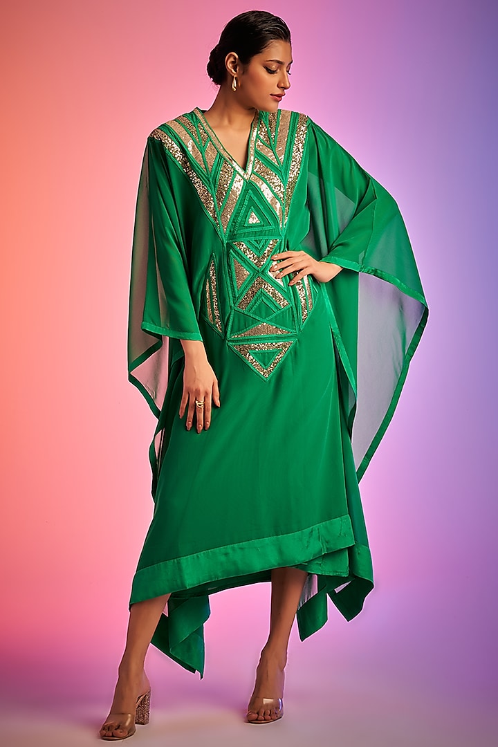 Green Georgette Embroidered Kaftan by Gulabo By Abu Sandeep