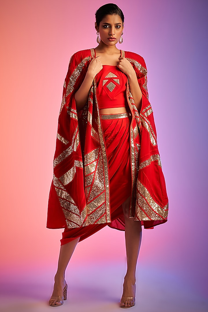 Red Georgette Embroidered Crop Top by Gulabo By Abu Sandeep