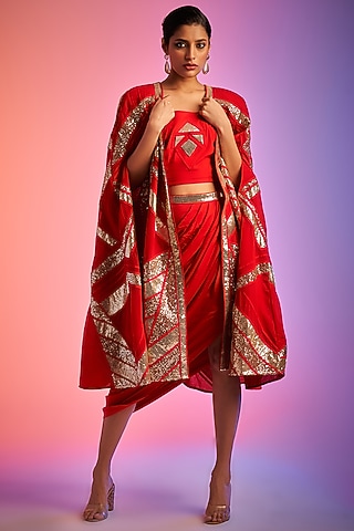 Red Georgette Embroidered Crop Top by Gulabo By Abu Sandeep
