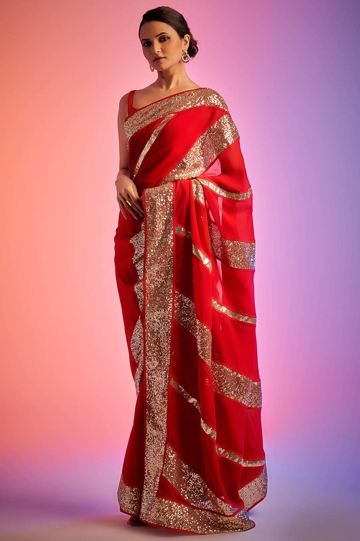 Red Georgette Embroidered Party Wear Saree Set by Gulabo By Abu Sandeep at Pernia's Pop Up Shop