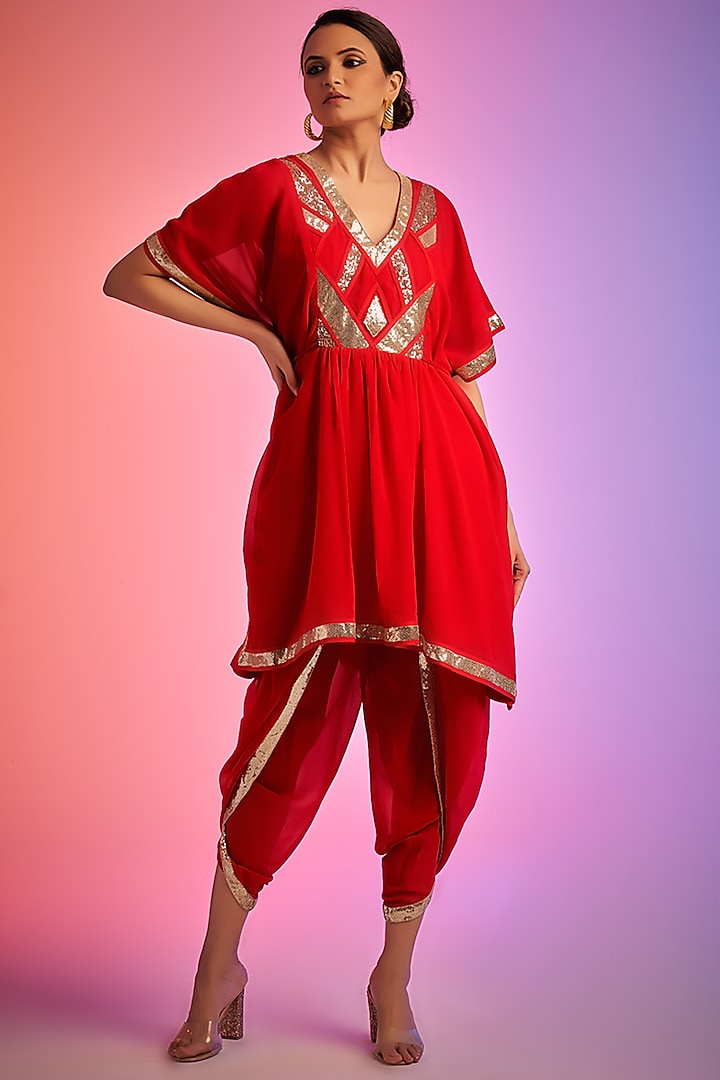 Red Georgette Embroidered Tulip Pants by Gulabo By Abu Sandeep