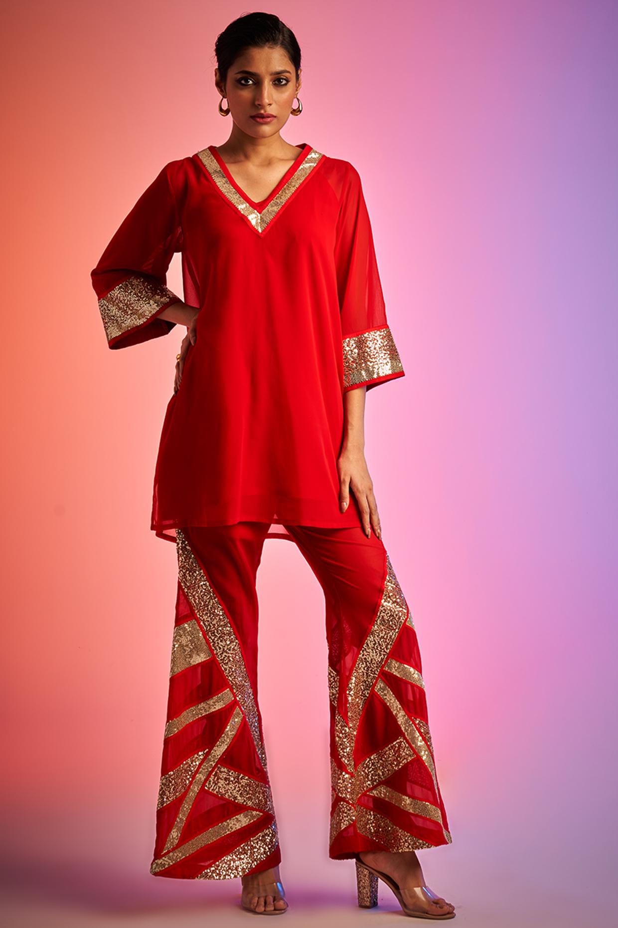 Red Georgette Embroidered Short Kurta by Gulabo By Abu Sandeep at Pernia's Pop Up Shop