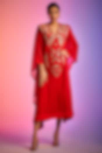 Red Georgette Embroidered Kaftan by Gulabo By Abu Sandeep