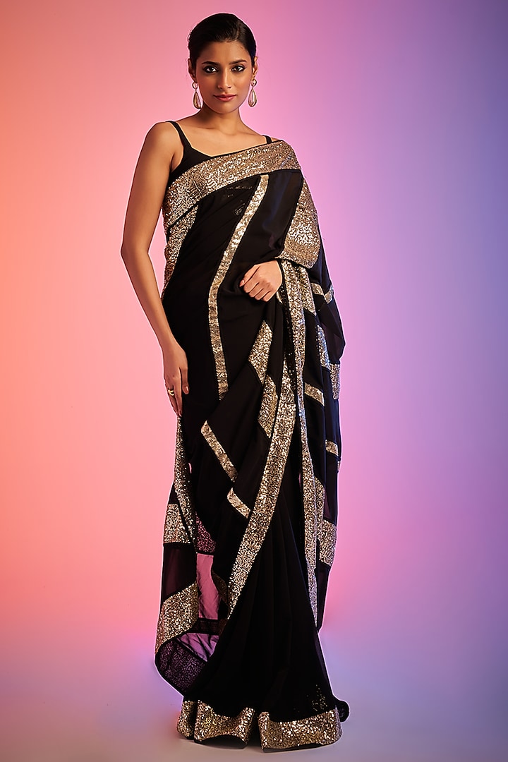 Black Georgette Embroidered Party Wear Saree Set by Gulabo By Abu Sandeep at Pernia's Pop Up Shop