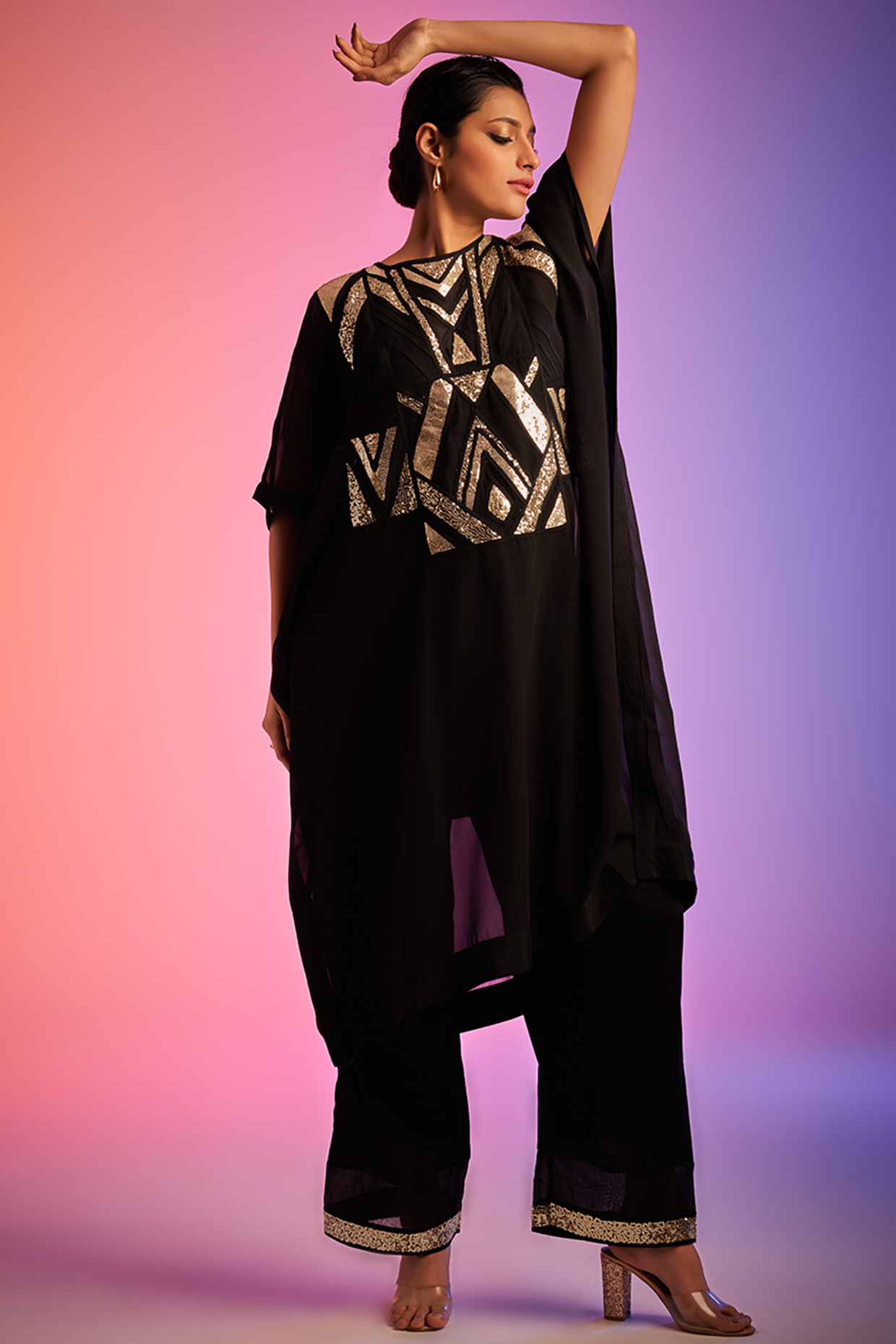 Black Georgette Embroidered Kaftan by Gulabo By Abu Sandeep at Pernia's Pop Up Shop