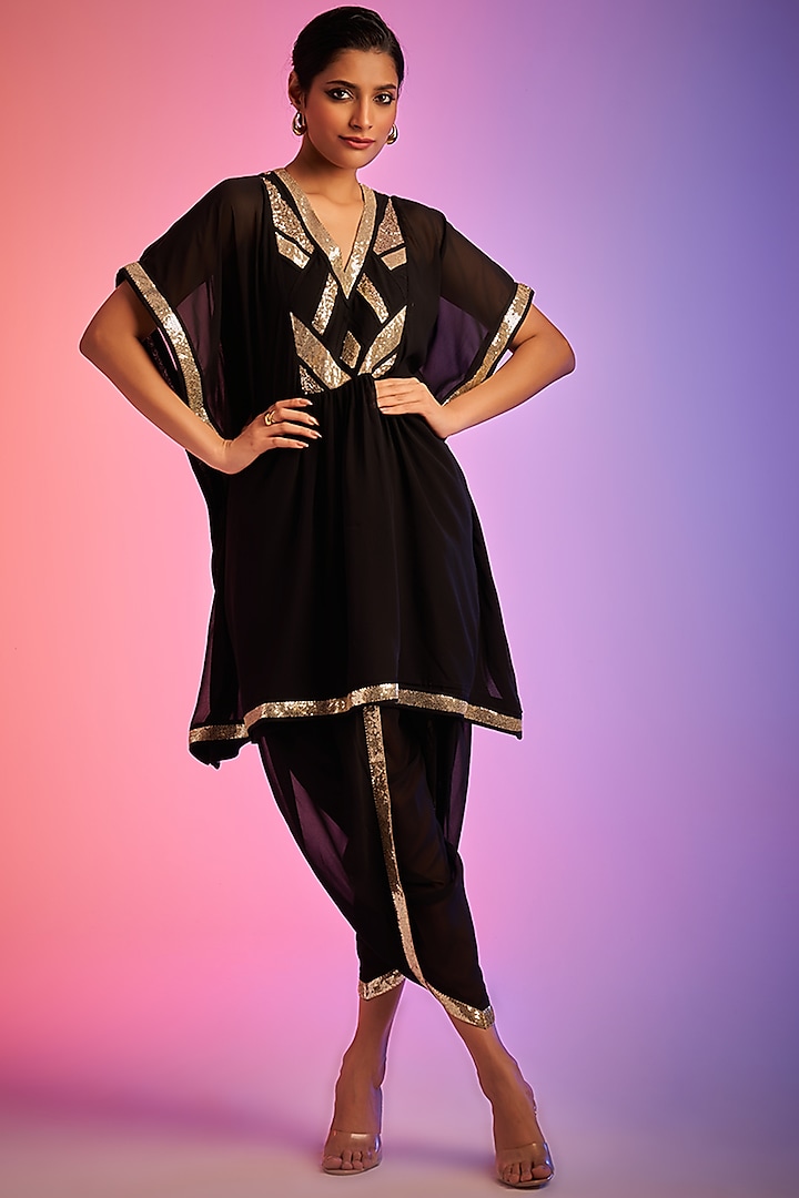 Black Georgette Embroidered Tulip Pants by Gulabo By Abu Sandeep
