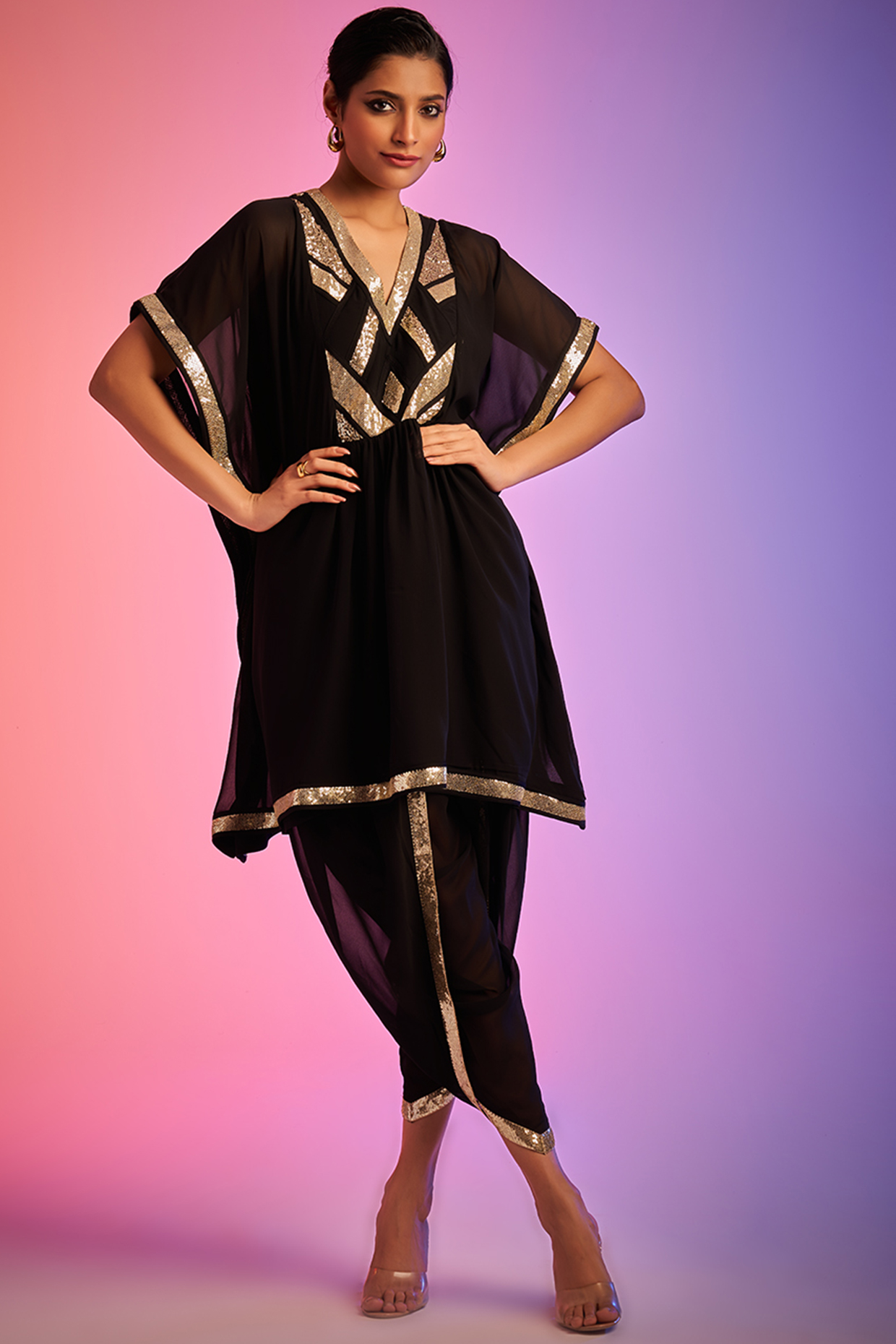 Black Georgette Embroidered Short Kaftan by Gulabo By Abu Sandeep at Pernia's Pop Up Shop