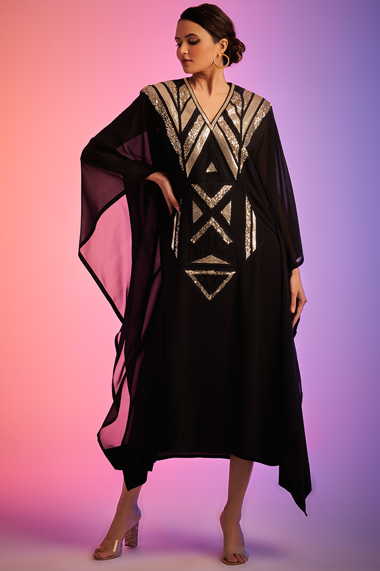 Black Georgette Embroidered Kaftan by Gulabo By Abu Sandeep at Pernia's Pop Up Shop