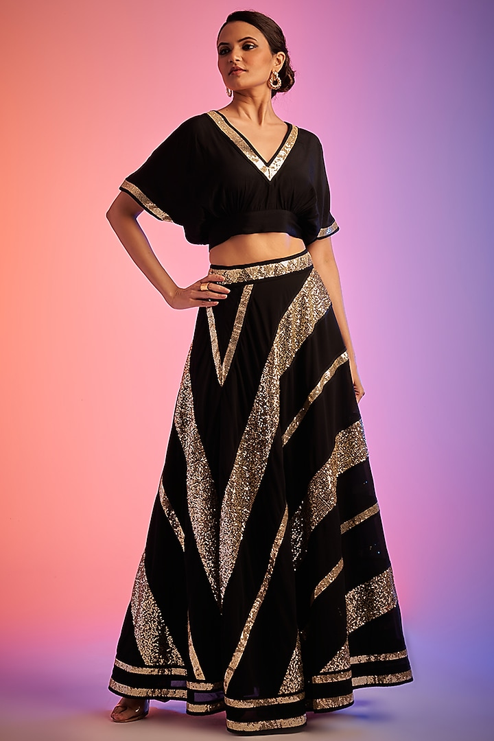 Black Georgette Embroidered Skirt by Gulabo By Abu Sandeep