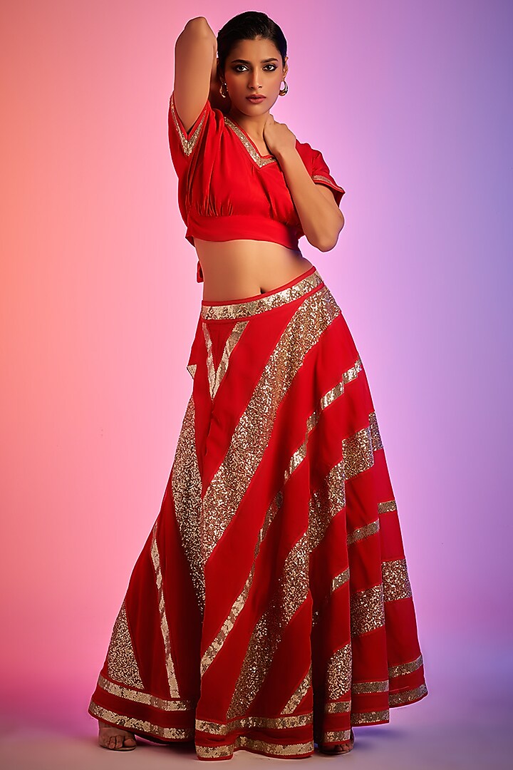 Red Georgette Embroidered Skirt by Gulabo By Abu Sandeep