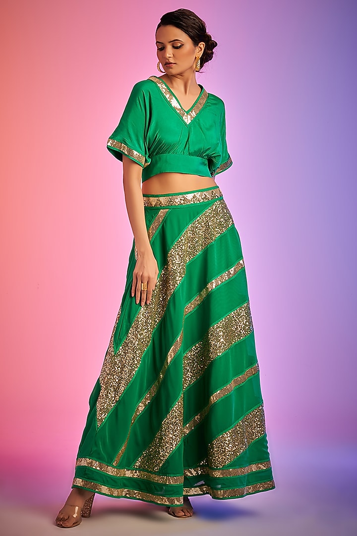 Green Georgette Embroidered Skirt by Gulabo By Abu Sandeep