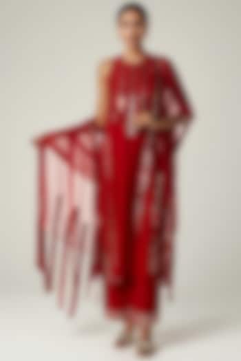 Red Viscose Georgette Sequins Embellished Kurta Set by Gulabo By Abu Sandeep at Pernia's Pop Up Shop