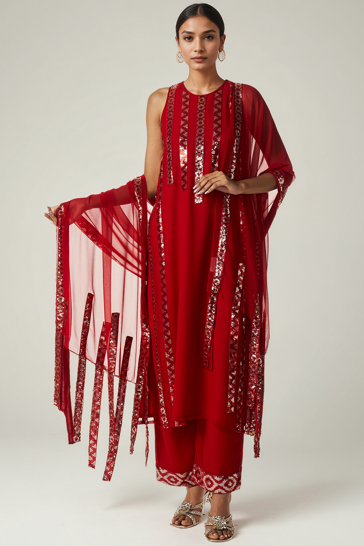 Red Viscose Georgette Sequins Embellished Kurta Set by Gulabo By Abu Sandeep at Pernia's Pop Up Shop