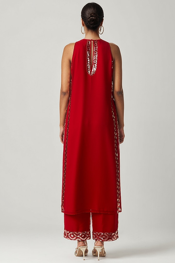 Red Viscose Georgette Sequins Embellished Kurta Set by Gulabo By Abu Sandeep at Pernia's Pop Up Shop