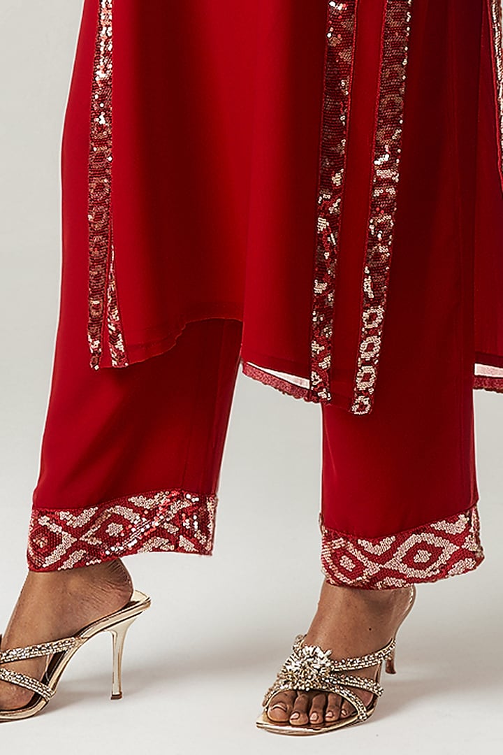 Red Viscose Georgette Sequins Embellished Kurta Set by Gulabo By Abu Sandeep at Pernia's Pop Up Shop