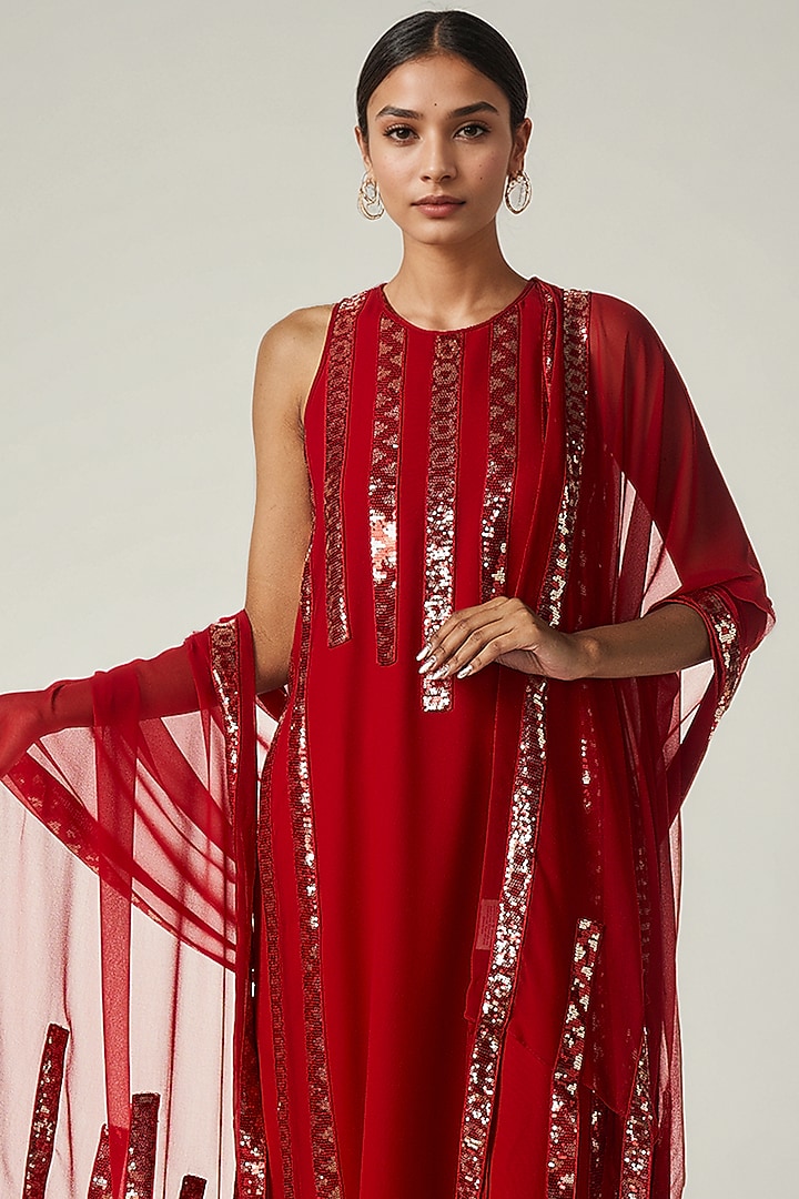 Red Viscose Georgette Sequins Embellished Kurta Set by Gulabo By Abu Sandeep at Pernia's Pop Up Shop