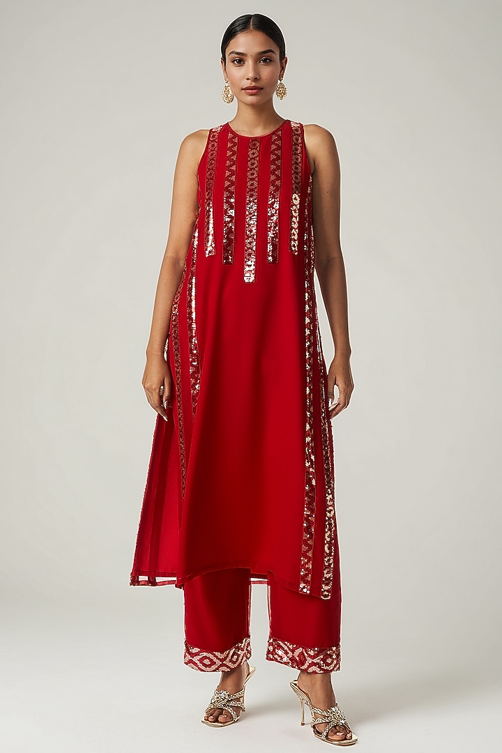 Red Viscose Georgette Sequins Embellished Kurta Set by Gulabo By Abu Sandeep at Pernia's Pop Up Shop
