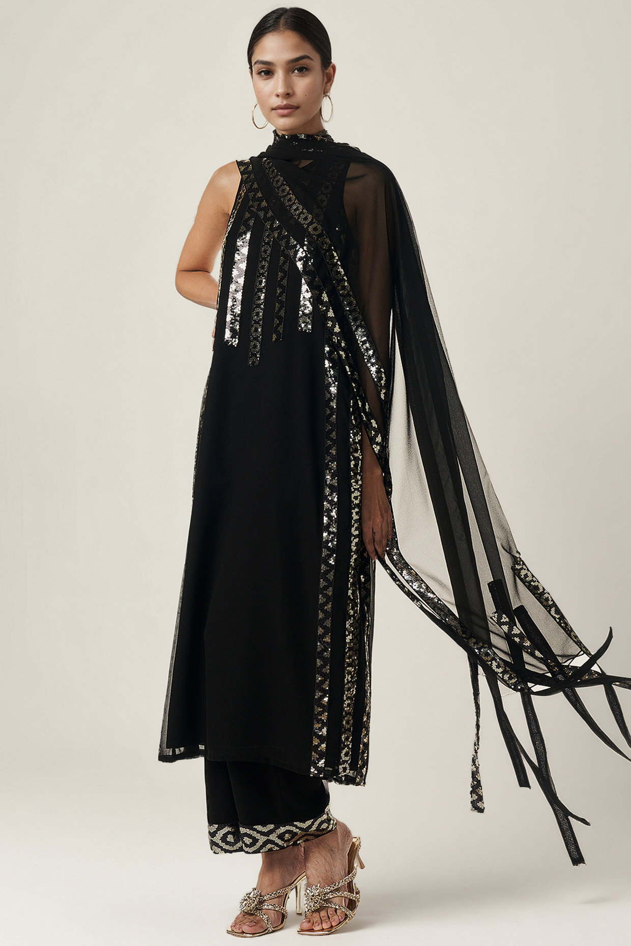 Black Viscose Georgette Sequins Embellished Kurta Set by Gulabo By Abu Sandeep at Pernia's Pop Up Shop