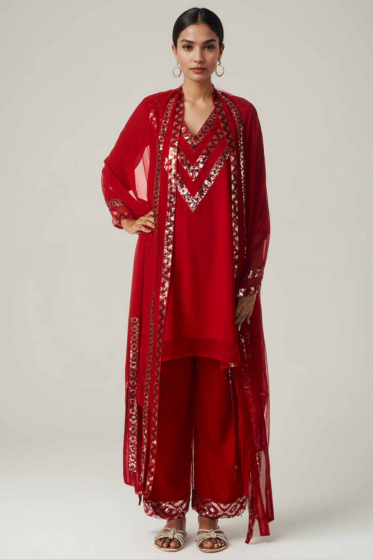 Red Viscose Georgette Sequins Embellished High-Low Kurta Set by Gulabo By Abu Sandeep at Pernia's Pop Up Shop