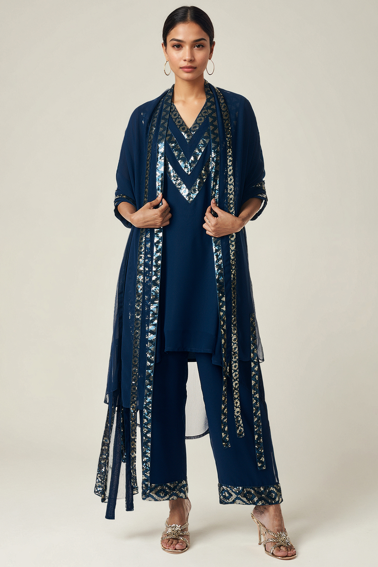 Teal Viscose Georgette Sequins Embellished High-Low Kurta Set by Gulabo By Abu Sandeep at Pernia's Pop Up Shop